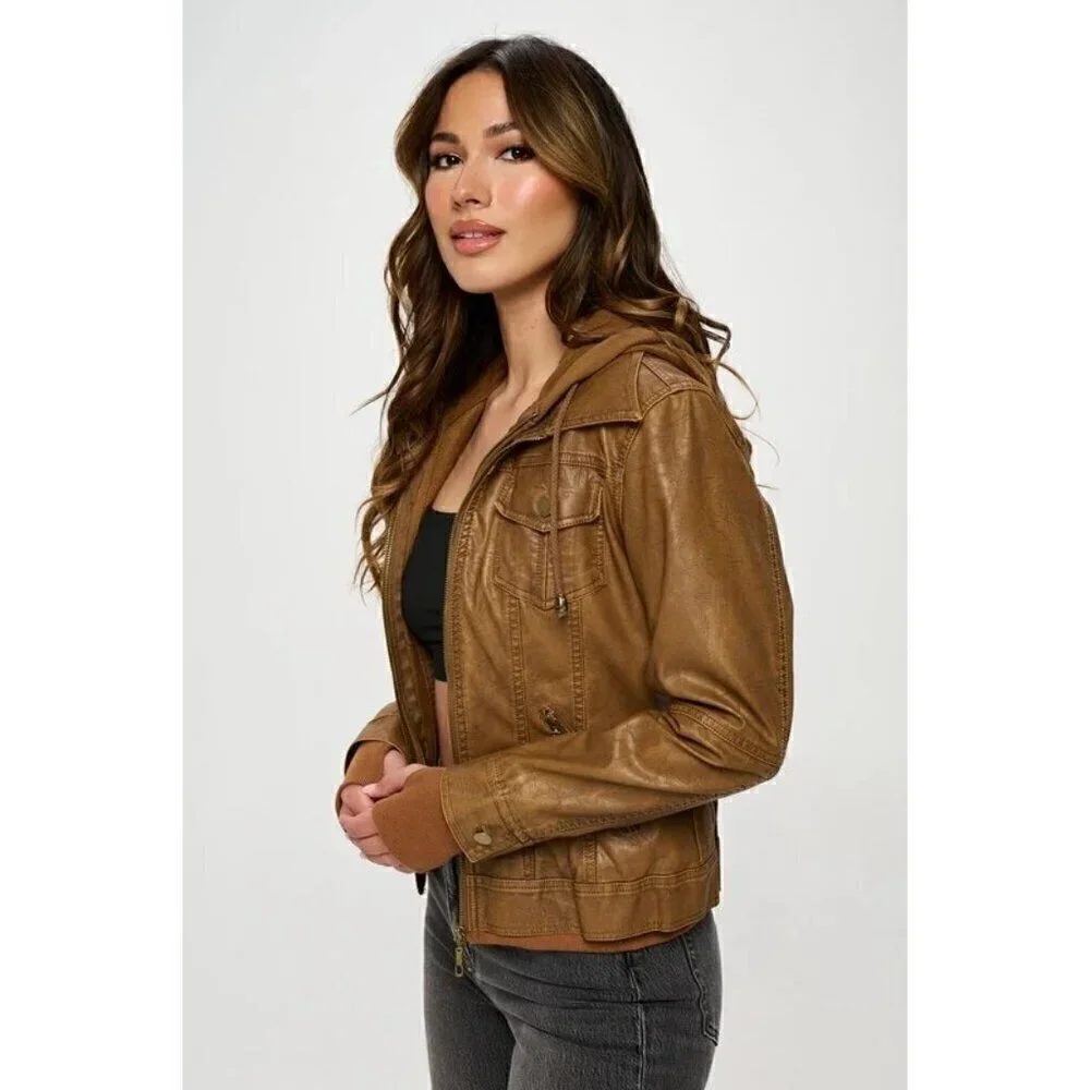 Coalition LA Camel Bomber Jacket Hoodie Double Zip Vegan Leather Sz Large NWT - Picture 11 of 12